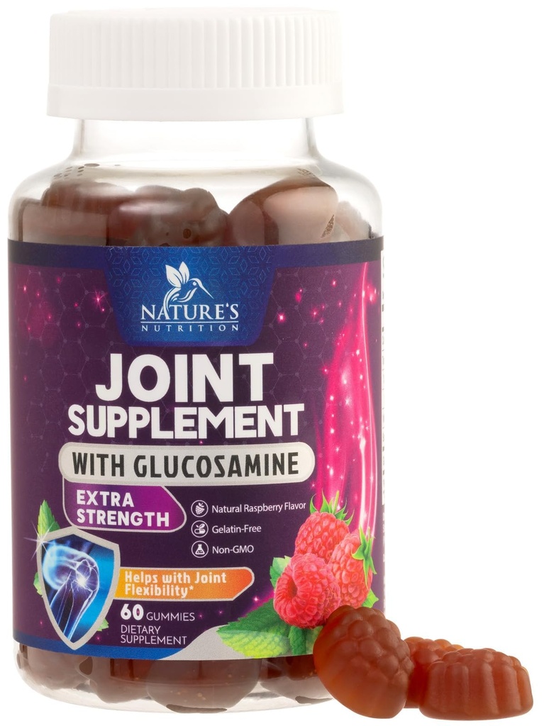 Gemensamt stöd Gummies Glucosamine Plus Vitamin E - Naturens gemensamma stödtillägg för yrkesbesvär för rygg, knän & händer - brosk & gemensam hälsa och flexibilitetsstöd - 60 Gummies