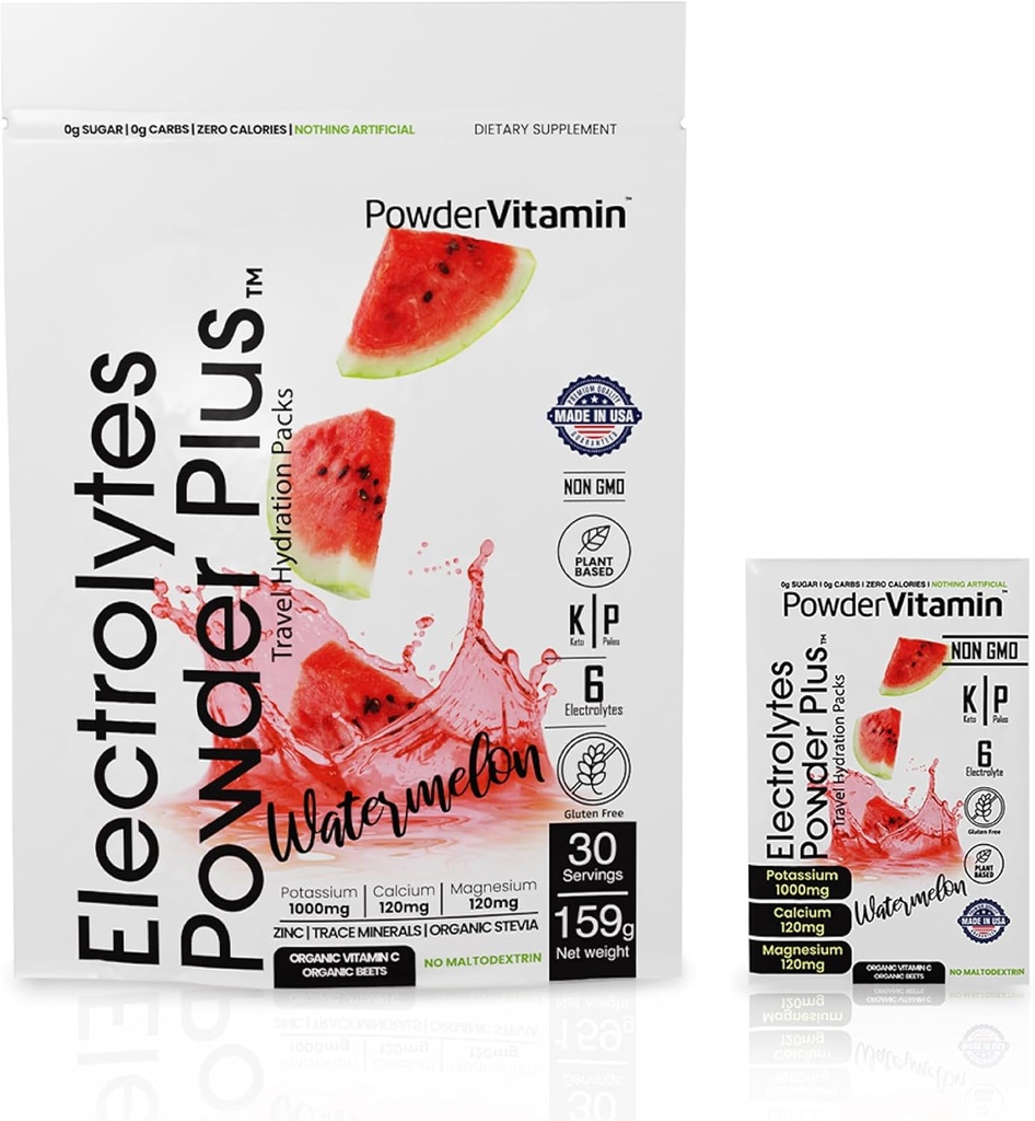 PowderVitamin Elektrolytes Powder Plus, Keto, Watermelon, Sugar Free, 1000 mg Kalium, 120 mg Kalsium, 120 mg Magnesium, muu kuin GMO, nolla-kalorit, 30 nestepakkaus