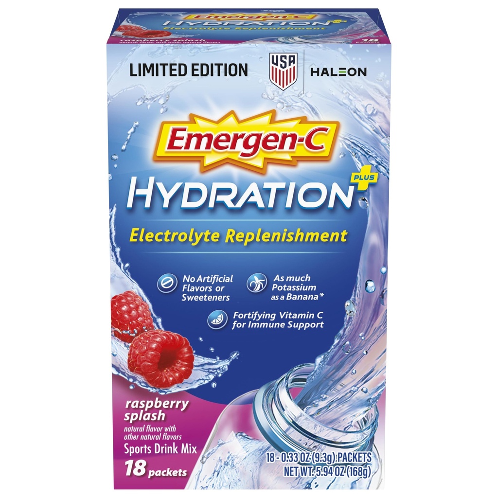 Emergen-C Hydration+ Urheilu juoma Mix kanssa C-vitamiini (18 kreivi, Vadelma maku), Elektrolyytti matelija, 0,33 Ounce Powder Packets