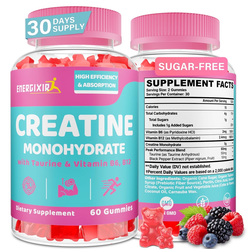 Creatiini naisille, Creatiini Monohydraatti Gummies - Ei turvotus - Pre ja Post Treout Chewables täydentää Tauriini & B6 - Recovery, vahvuus, energia & Booty, suorituskyky, 60 Counts