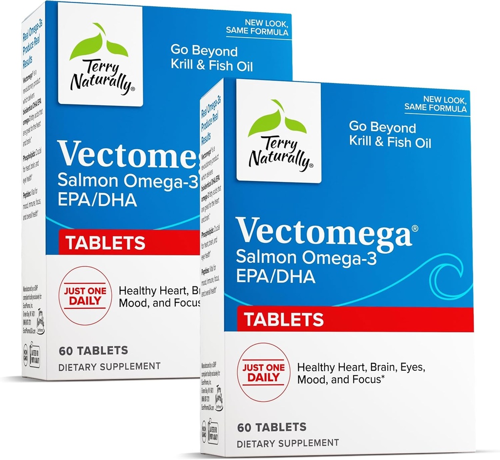 Terry Naturally Vectomega - Tillägg med EPA & DHA - Omega-3 tabletter för hjärn- och hjärthälsostöd - Näringstillskott med viktiga fettsyror och peptider - 60 tabletter (Pack of 2)