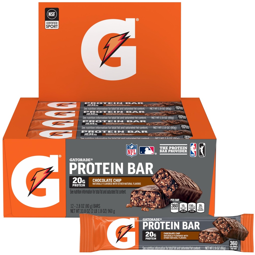 Gatorade Whey Protein Recover Bars, Chocolate Chip, 2,8 unssia(Pack of 12)