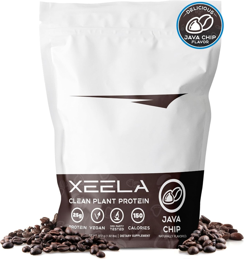 XEELA Plant Based Vegan Protein Powder - Independently Tested - 25g High Protein, Pea Protein for Men & Women - Vitamiinit & Minerals, Non GMO, Dairy & Gluten Free, LowCarb & LowFat (Java Chip)