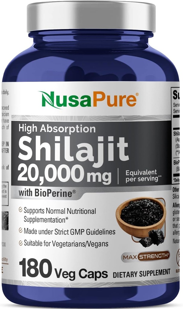 NusaPure Shilajit 20 000mg per tarjoilu, 180 kasviskapselia, ei-GMO, gluteeniton, Bioperine