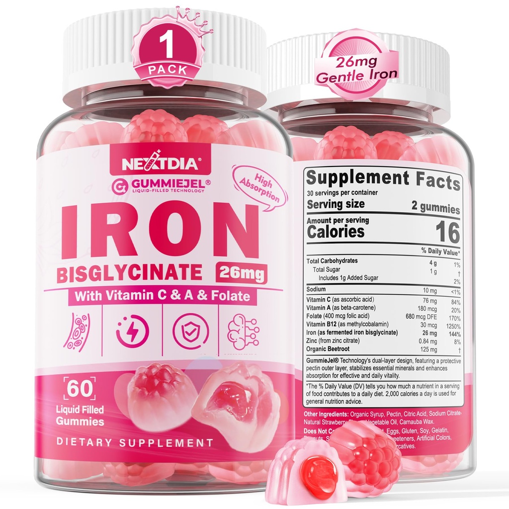 Iron Gummies för kvinnor och män - Järnbisglycinate med vitamin C Folate B12 Zink för vuxna, tuggbart järn för järnbrist, energiökning, icke-konstiperande och efter smak, sockerfri 1 Pack