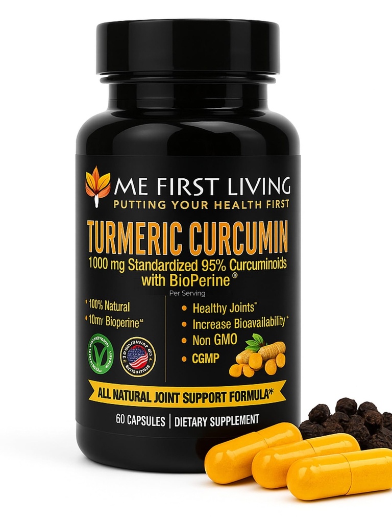Me First Living Turmeric Curcumin 1000 mg 95% Curcuminoids, Bioperine 10 mg, 19x Lisää Potent kuin muut, lisääntynyt imeytyminen, ei-GMO, Organic Turmeric, Vegan, Gluteeniton, 60 kapselia