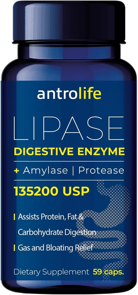 ANTROLIFE Dgestive Health Supplement - Entsyymit Lipase Nutritional Supplements & Amylase for Digestive Comfort - Ravintolisä - 59 kapselia