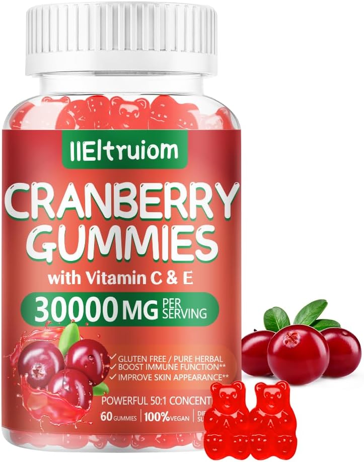 Karpalo Gummies Virtsateiden terveys naisille ja miehille, 50X konsentraatti Extrac, C-vitamiini & E, karpalo Gummies naisille Hibiscus tukea Immuuni, 60 kreivit
