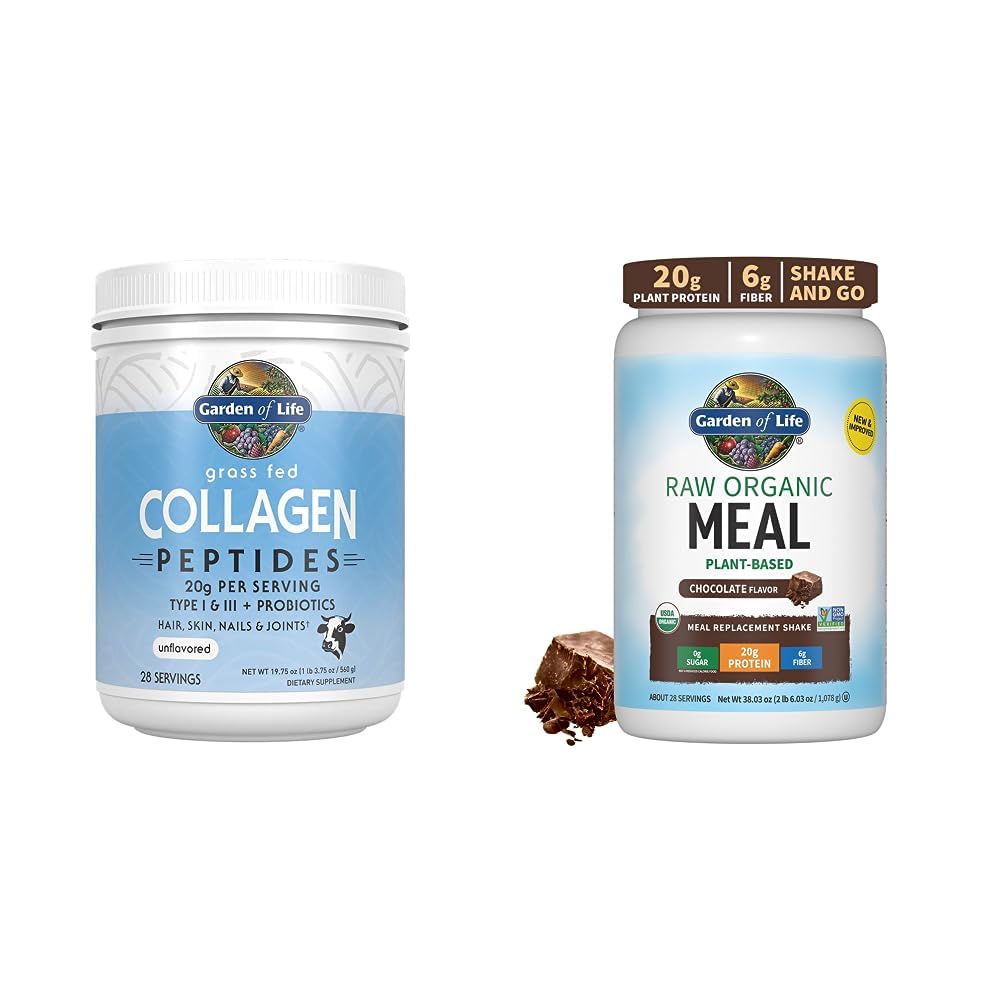 Elämän puutarha Grass Fed Hydrolysed Collagen Protein Lisäravinteet Peptides Powder, 19.75 Oz & Tasty Organic Chocolate Aterian korvaaminen Shake Vegan 20g