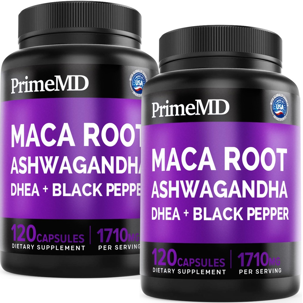 6-in-1 Organic Maca Root Ashwagandha kapselit 1710mg DHEA ja Black Pepper Fruit Extract naisille ja miehille - Black Maca Supplement for Stamina, Bone and Mood Support Supplement, 120ct (Pack of 2)
