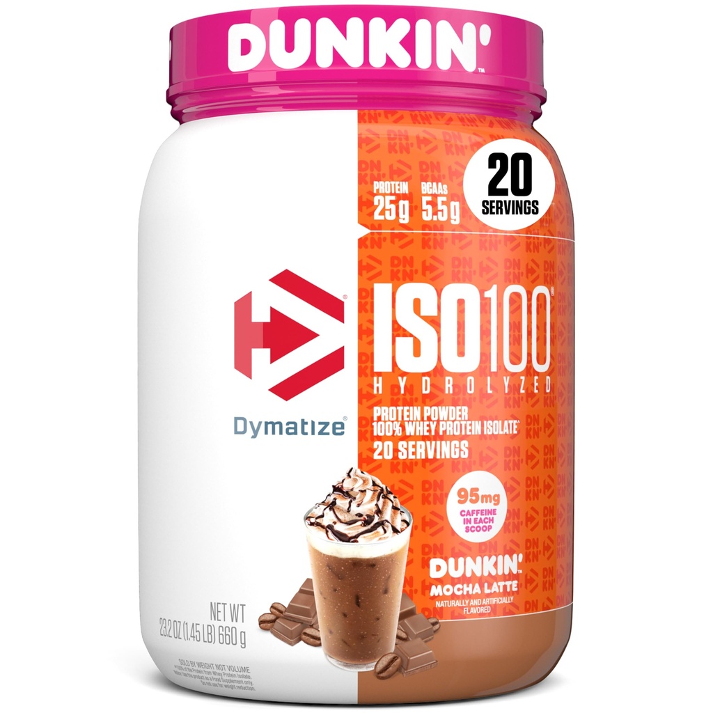 Dymatize x Dunkin' Mocha Latte ISO100 Whey Protein Powder, 95mg Kofeiini, 25g proteiinia, 5.5g BCAAs, 120 Cal., Gluteeniton, 1g rasvaa, 1g sokeria, 3g Carb (20 tarjoilua)