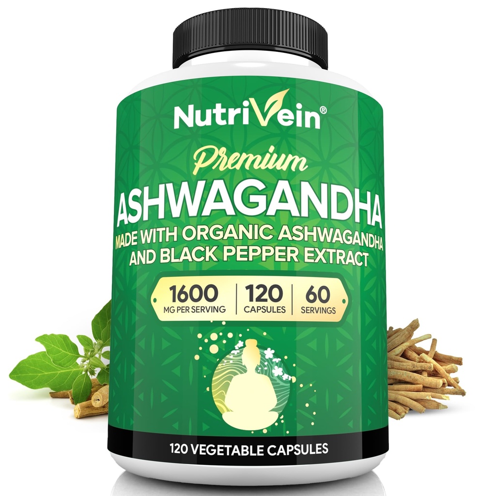 Nutrivein Ashwagandha miesten & naisten - 1600mg - Parannettu musta pippuri - korkea-absorptio juurijauhe Ashwagandha lisäravinteet mielialan tasapaino, rauhallinen uni, & Focus - 120 Vegaani kapselit