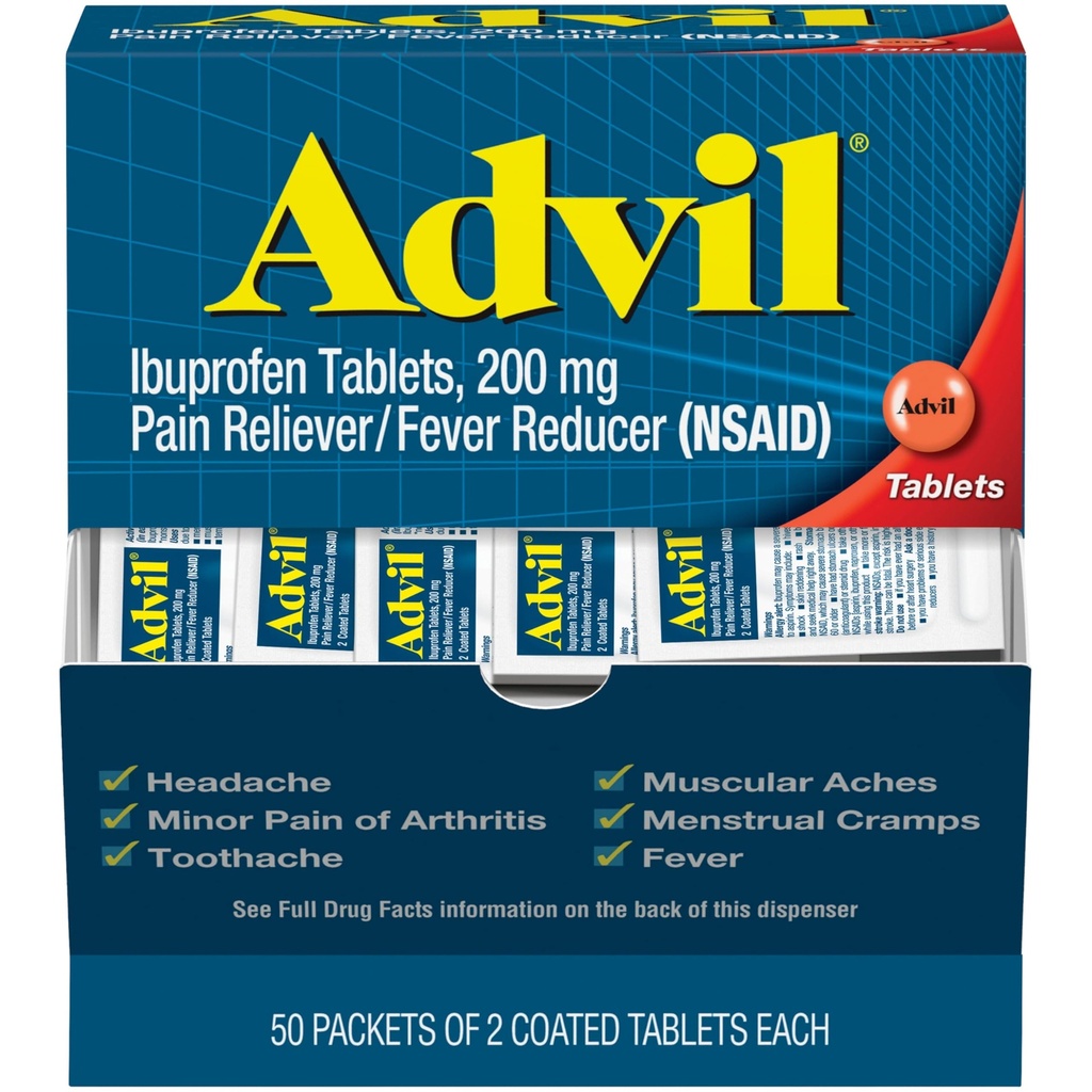 Advil Pain Reliever och Fever Reducer, Pain Relief Medicine med Ibuprofen 200mg för huvudvärk, Backache, Menstrual smärta och gemensam smärtlindring - 50x2 belagda tabletter
