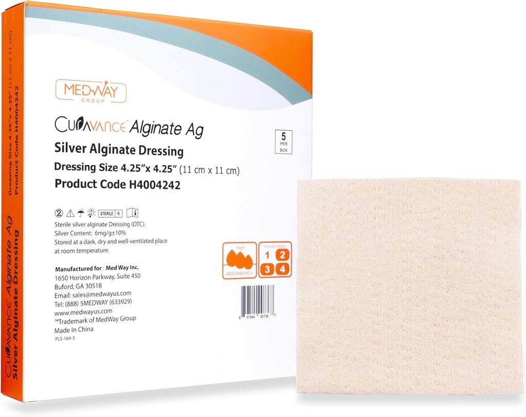 MedVance MedHeal Silver Calcium Alginate Ag Sterile Highly Absorbent Dressing, (4.25" x 4.25") 5 dressingar / Box, 5 Räkna (Pack av 1)