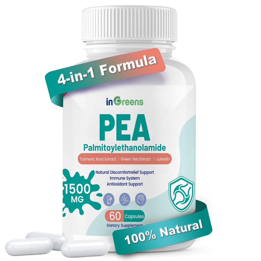 High Potency 4-in-1 Palmitoyylietanoliamidi, 700 mg Pea Supplement for Miehet ja naiset, valmistettu Yhdysvalloissa, 60 kapselia