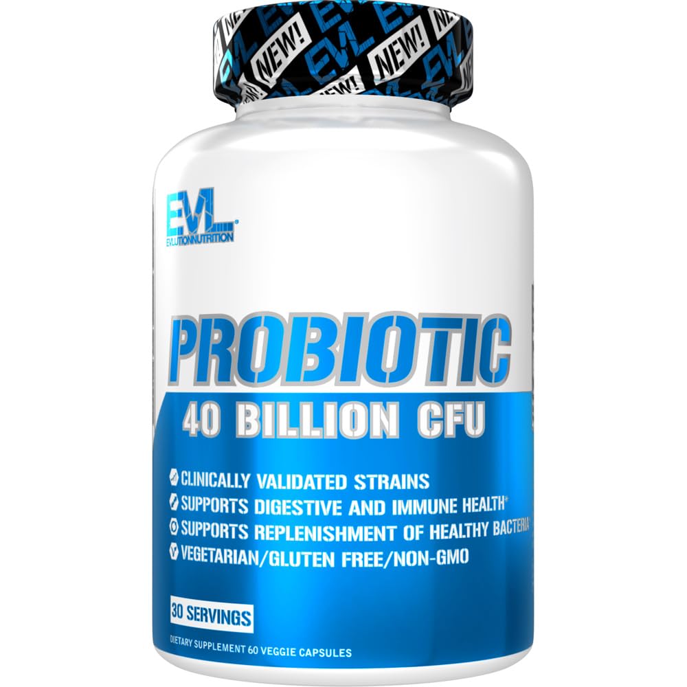 Evlution Nutrition Probiotic - 40 miljarder CFU - Stöder Digestive + Immune Health - Probiotisk tillskott för män och kvinnor - Vegetarisk, Glutenfri och icke-GMO - 30 portioner - 60 Veggie kapslar