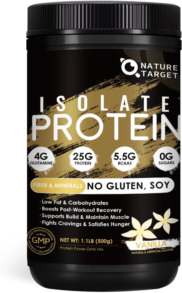 NATURAL TARGET Isolate Whey Protein Powder Vanilla, 25g Protein Low Carb Sugar-Free & Gluteeniton, 5.5g BCAAs, Rich in Fibers & Minerals, 1,1 punta, 16 Tarjoilua