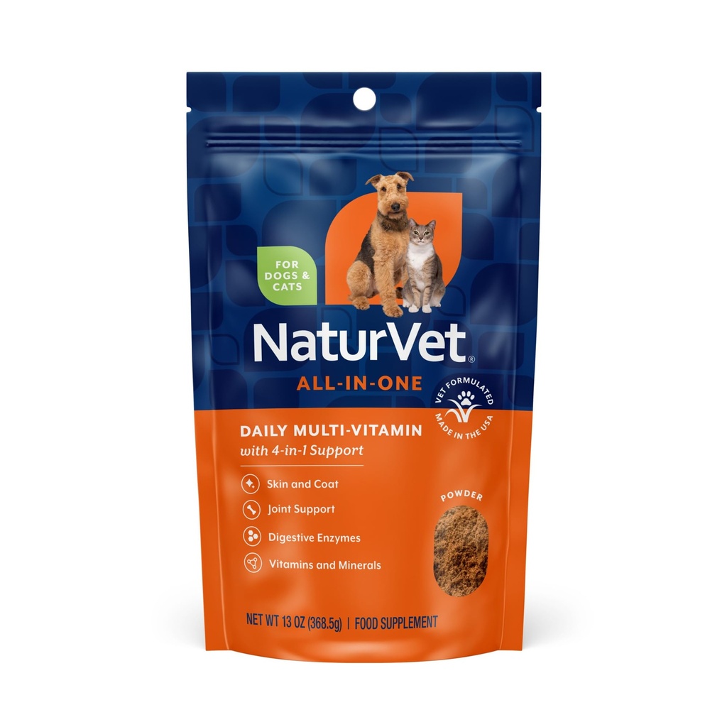 NaturVet All-in-One Dog Supplement - för Joint Support, Digestion, Skin, Coat Care - Dog Multivitaminer med mineraler, Omega-3, 6, 9 - Wheat-Free Vitaminer för hundar - 13-Ounce Powder
