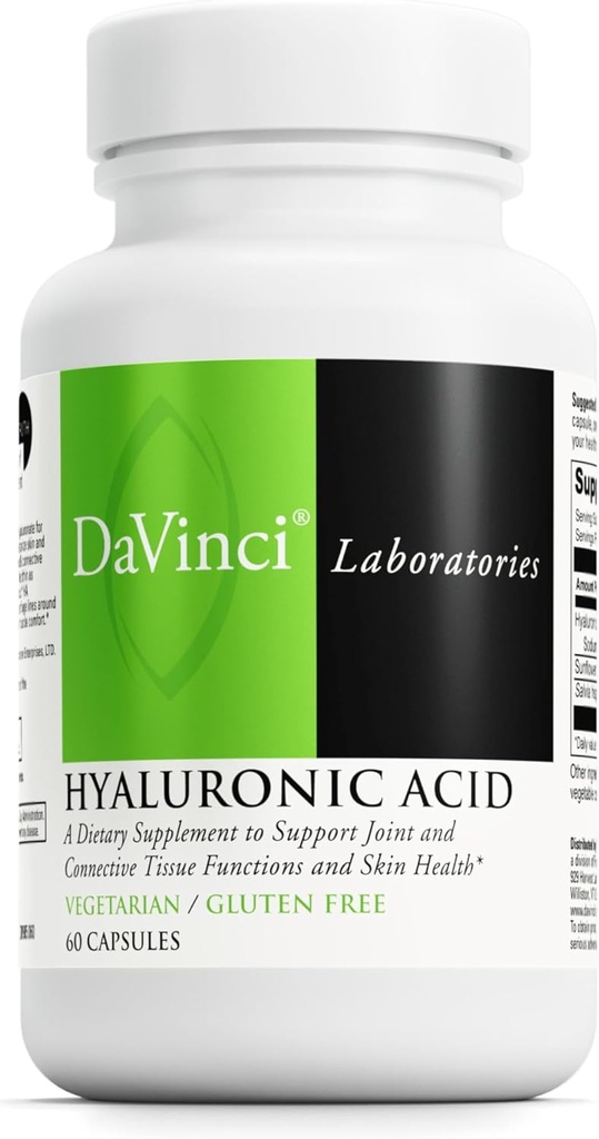 DaVinci Labs Hyaluronsyra - Kosttillskott för att stödja gemensamma, brosk och hudhälsa * - Med Hyaluronsyra, Sunflower Lecithin och Salvia Hispanica Powder - Glutenfri - 60 vegetariska Caps
