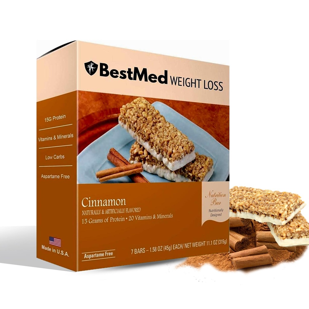 BestMed - High Protein Nutrition Bar - Low-Carb, 15g Proteiinia, Low Sugar, Low Calorie, Ateriankorvike Bar (Cinnamon, 1 Box - 7 Count)