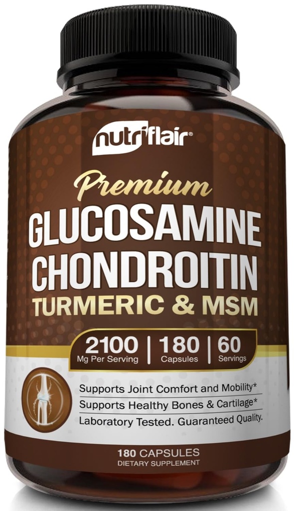 NutriFlair Glukosamiini Chondroitin Turmeric MSM Boswellia, 180 kapselia - Joint Comfort Supplement - Natural & Non-GMO - Antioksidantti pillereitä - Tukee takaisin, polvi, kädet, nivelet, Cartilage