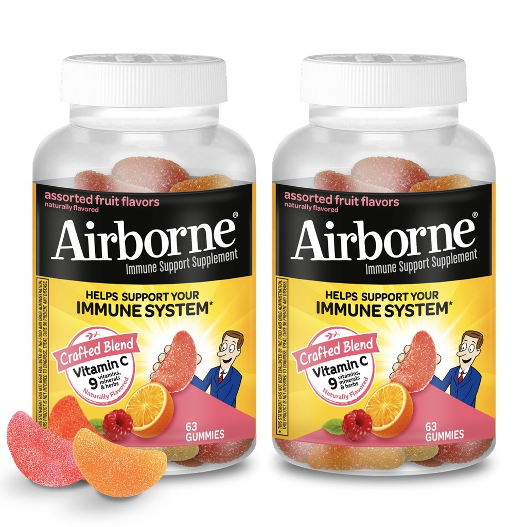 Airborne 750mg Vitamin C Gummies för vuxna, Immune Support Gummies med kraftfulla antioxidanter VIT C & E, koffeinfri - 2x63ct flaska (42 portioner), diverse frukt smak