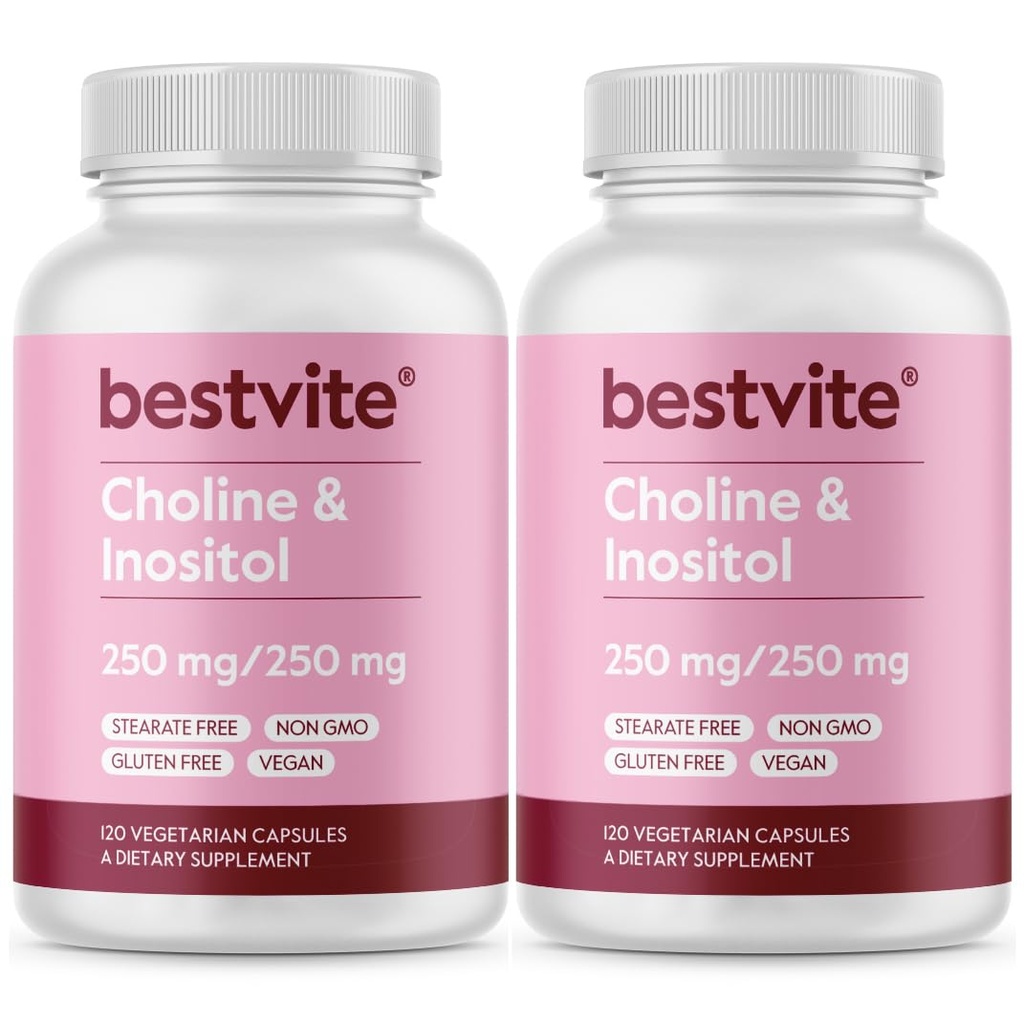 BESTVITE Choline Inositol 500mg (240 vegetariska kapslar) (120 x 2) - No Stearates - No Dicalcium Phosphate - No Fillers - Vegan - Non GMO - Gluten Free