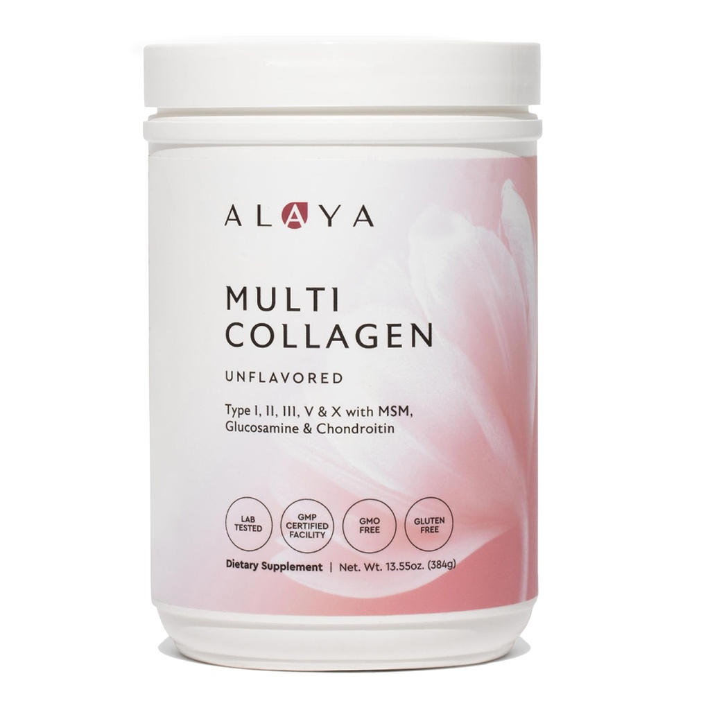 Alaya Multi Collagen Powder - tyyppi I, II, III, V, X Hydrolysed Collagen Peptides Protein Powder Supplement with MSM + GC (ei maustettu) (40 tarjoilua)