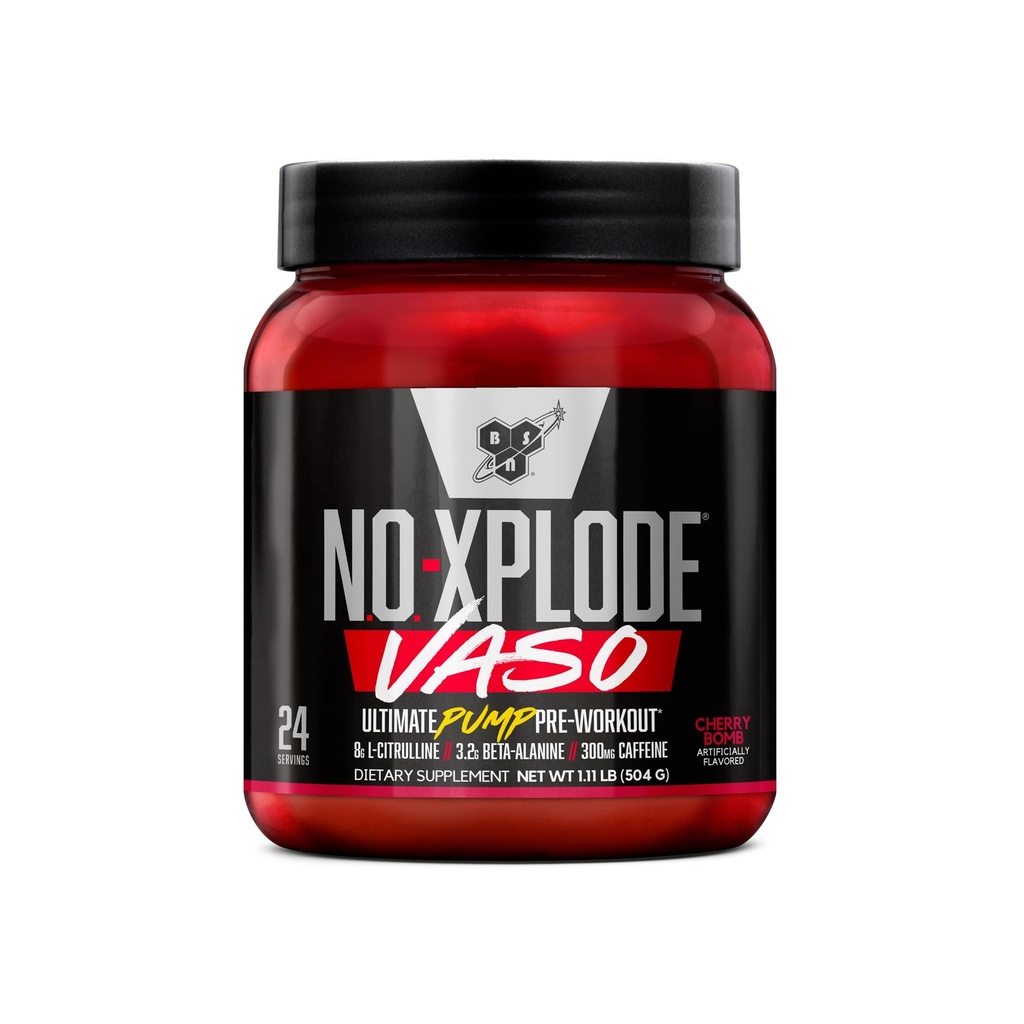 BSN N.O.-XPLODE Vaso Pre Workout Powder med 8g L-Citrulline och 3,2g Beta-Alanine och energi, smak: Cherry Bomb, 24 portioner