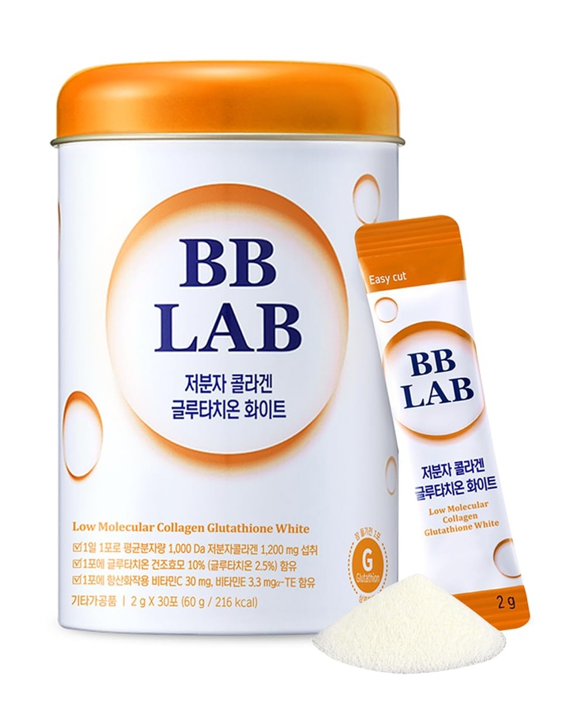 BB LAB Collagen Glutatione White, matalamolekyylinen korealainen tikkulisä, kalapeptidit, C-vitamiini, E-vitamiini, Glutationi, nopea abosorptio, oranssi maku