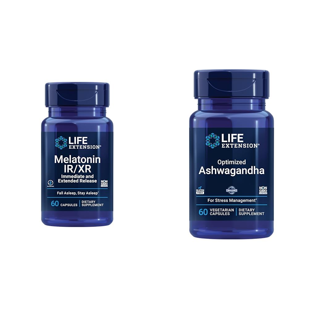 Life Extension Melatoniini IR/XR & Optimoitu Ashwagandha - uni, stressin lievittäminen, Focus, muisti - 60 kapselia