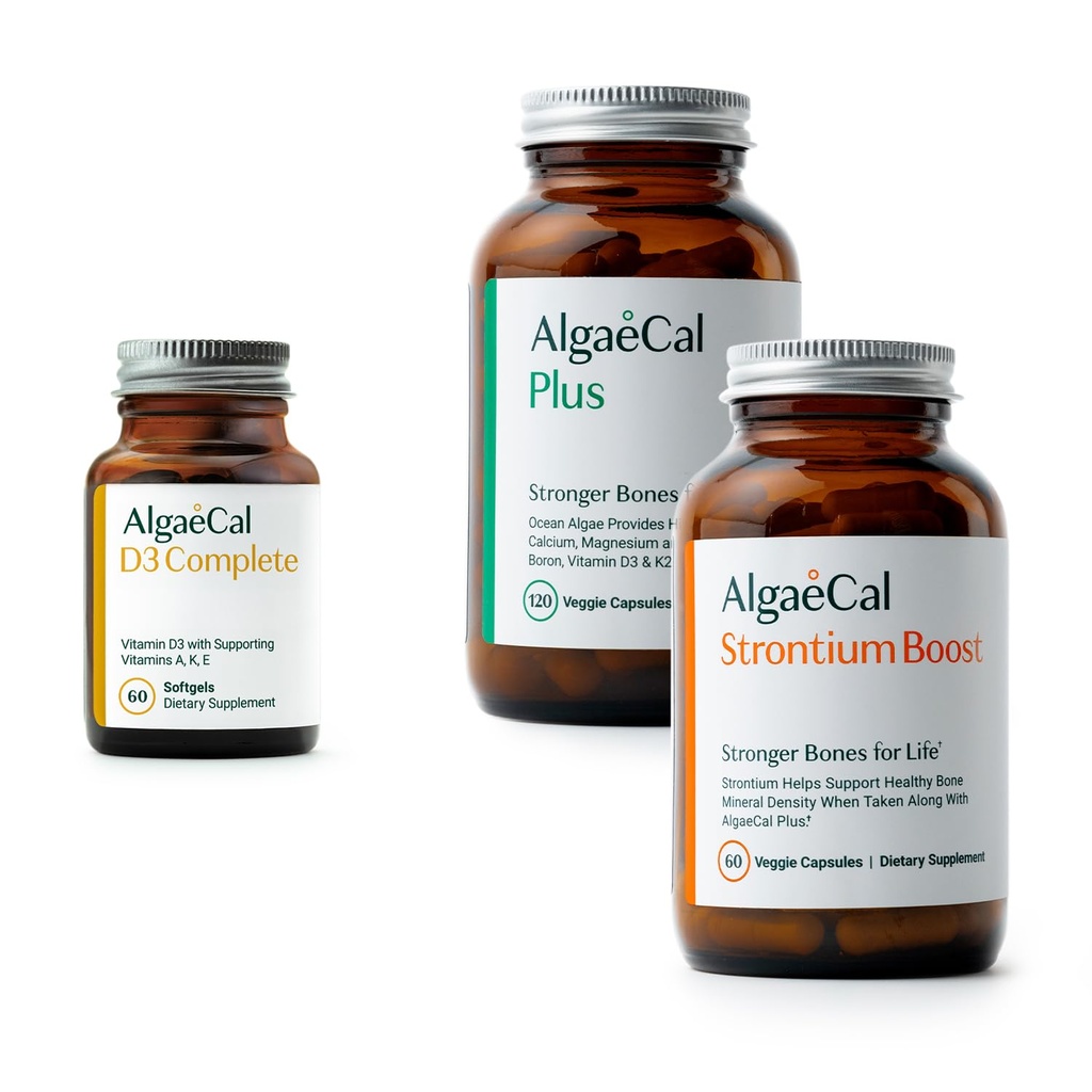 ALGAECAL Bone Health Bundle - D3 Complete (1000 IE) + K2, Vitamin E, Vitamin A & Plant-Based Calcium Stöds för att öka bendensiteten