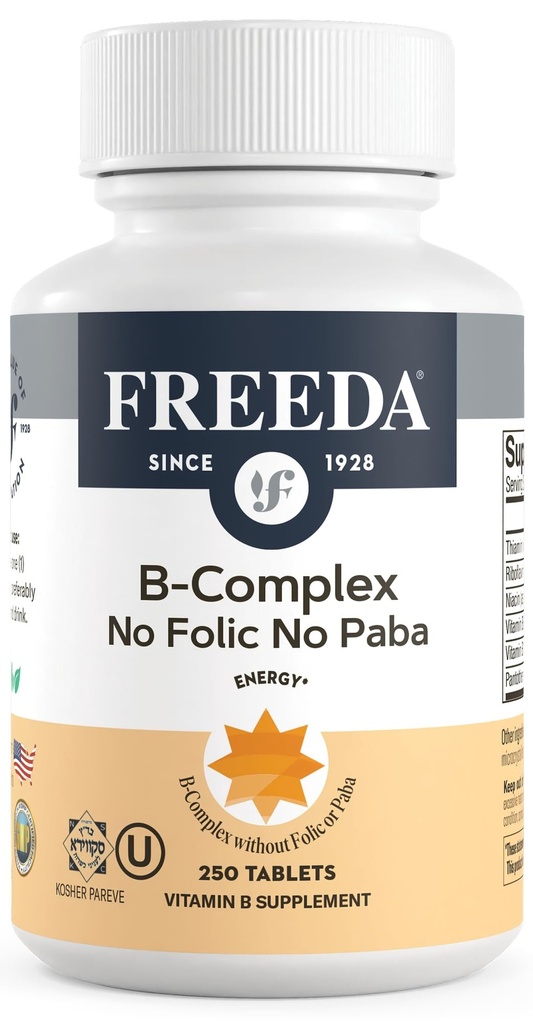 Freeda B-vitamiini Complex No Folic No PABA - Super B Complex Kosher vitamiini täydentää B1-vitamiini B2-vitamiini B3-vitamiini B5-vitamiini B6-vitamiini B12 - Vit B-kompleksi naisille ja miehille (250 Ct)