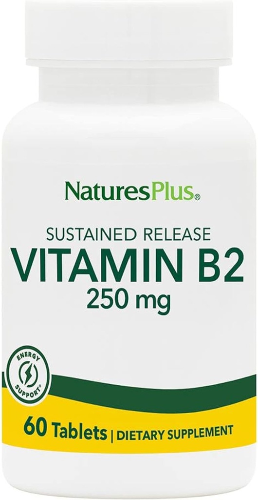 NaturesPlus B2-vitamiini (Riboflaviini) - 250 mg, 60 kasvistablettia, kestävä julkaisu - Natural Energy & Metabolia Booster, edistää yleistä terveyttä - Gluteeniton - 60 tarjoilua