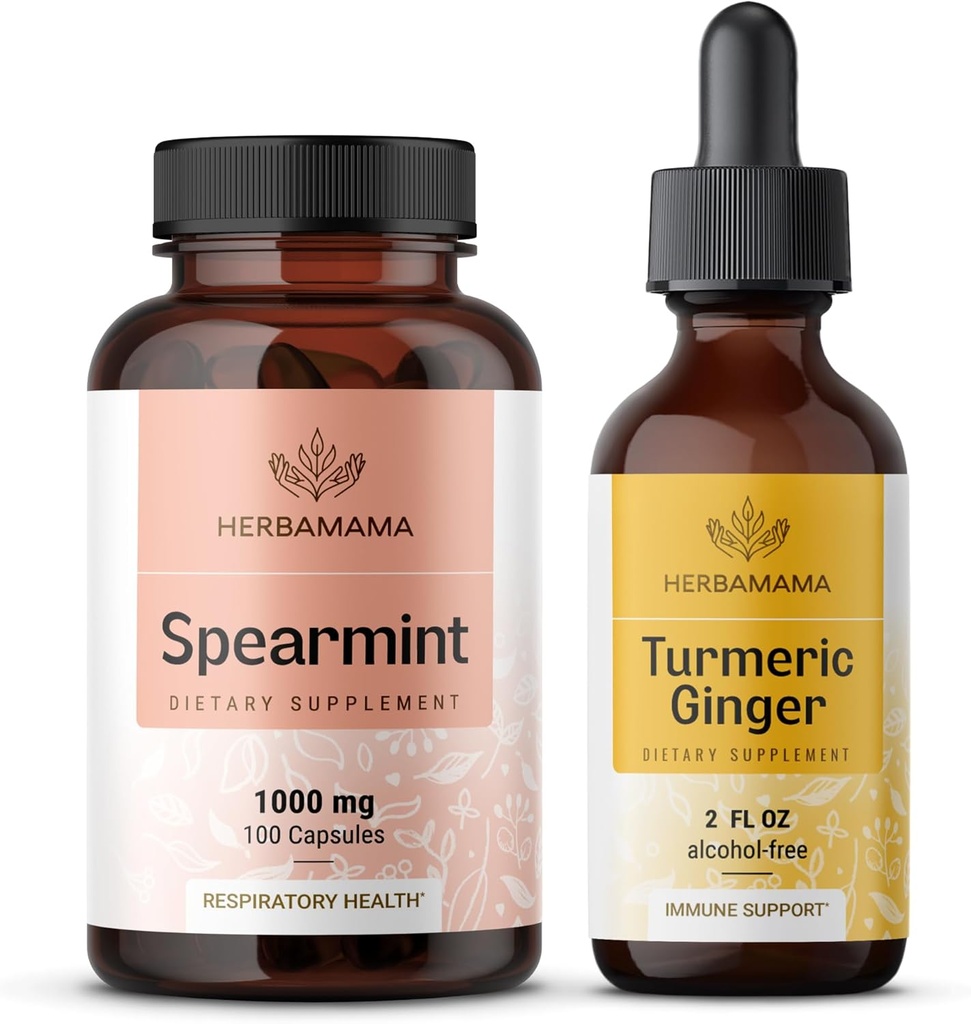 HERBAMAMA Spearmint och gurkmeja Ginger Kit - Bundle på 1000 mg Spearmint Leaf Capsules & Turmeric Ginger Tincture 2 fl oz - Vegan, Non-GMO, Sugar & Alkoholfri - 2 Pack