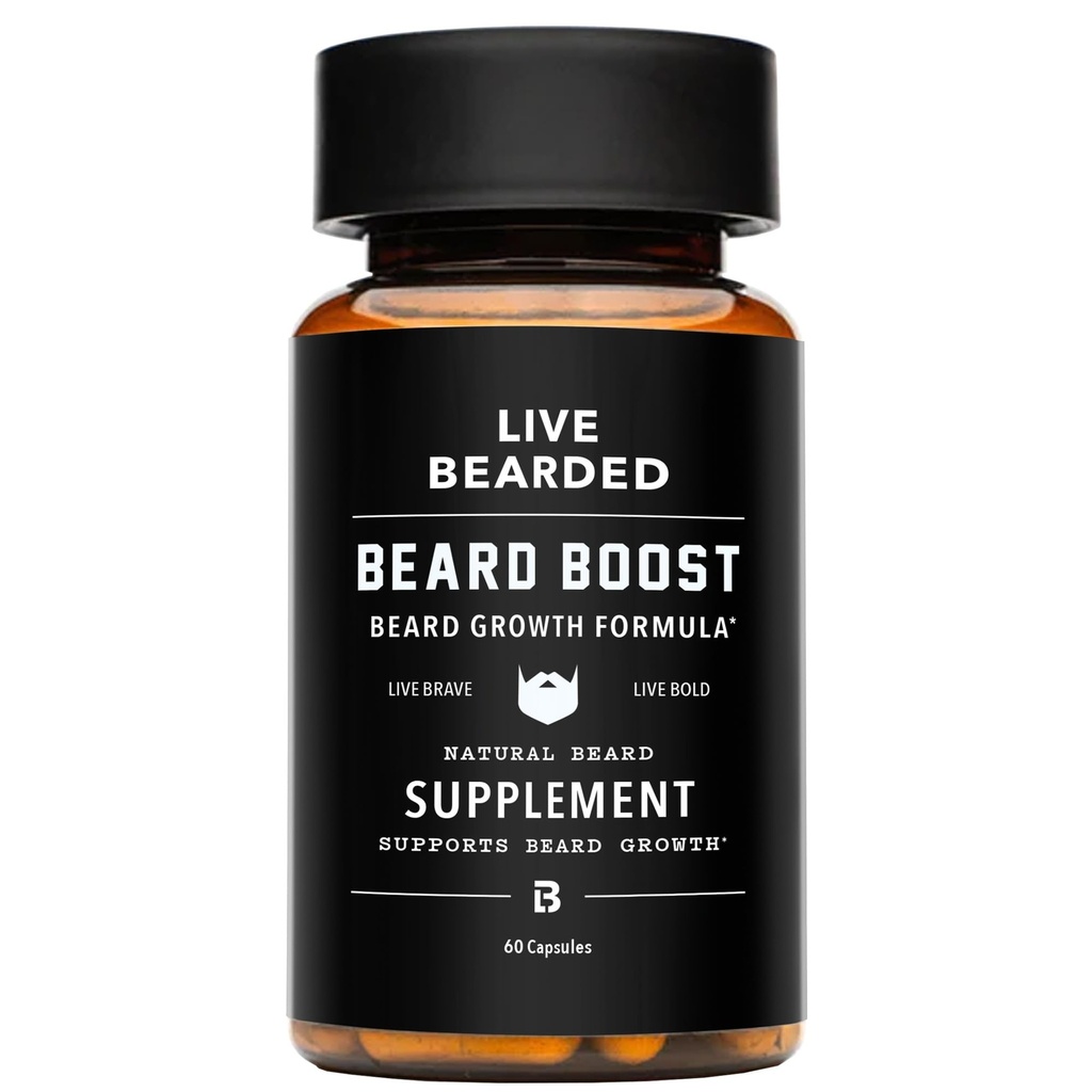 Live Bearded Beard Boost - Beard Growth Vitamins för Män med Biotin, Collagen, Silica, Fo-Ti Root - Facial Hair Growth för Män, Gjord i USA | 30-Day Supply