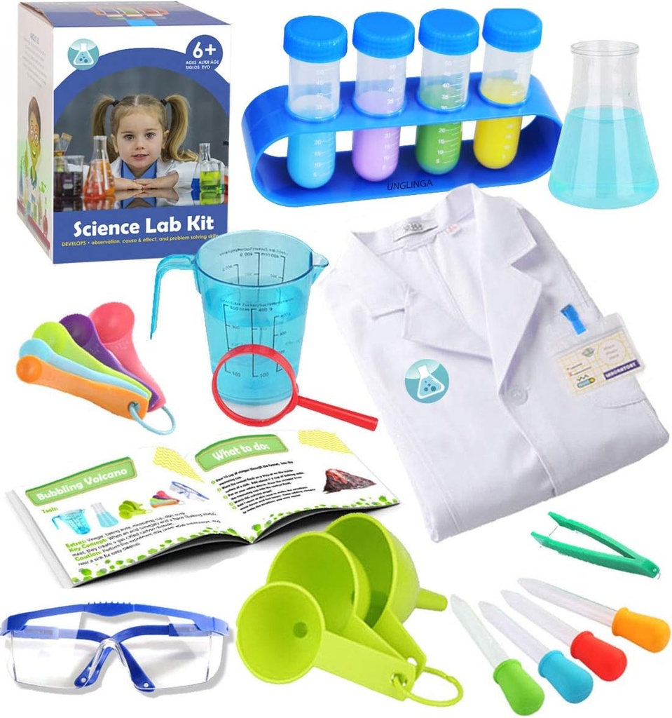 UNGLINGA Kids Science Experiment Kit med Lab Coat Scientist Costume Dress Up och Role Play Toys Gift for Boys Girls Kids Christmas Birthday Party