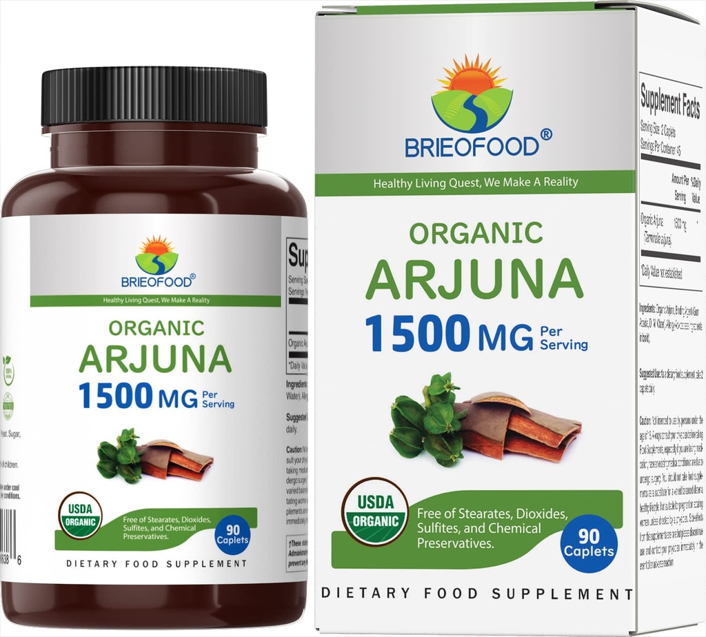 Brieofood Organic Arjuna 1500mg, 45 portioner, vegetarisk, glutenfri, 90 vegetarisk tablett