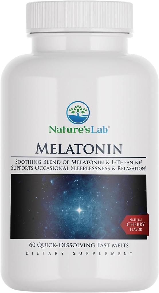 Nature's Lab Fast Melt Melatoniini Tabletit - 25 mg L-Theanine + 6 mg melatoniinia - 60