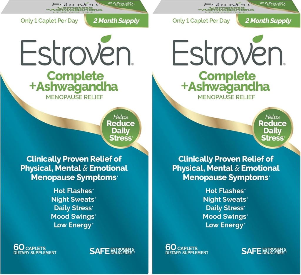Estroven Complete + Ashwagandha monisymptom Menopause Supplement for Women - Kliinisesti todistetut ainesosat tarjoavat vaihdevuodet Relief & Night Sweats + Hot Flash Relief* - 4 kuukauden tarjonta (paketti 2)