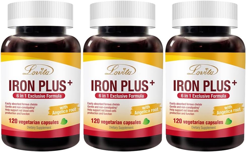Lovita Iron 18 mg, 6 in 1 Iron Supplement for Women, kanssa C-vitamiinia, Dong Quai & B12, Vegan-vitamiini tukea Red Blood Cell Production Ilman Ummetusta, 120 kapselia (paketti 3)