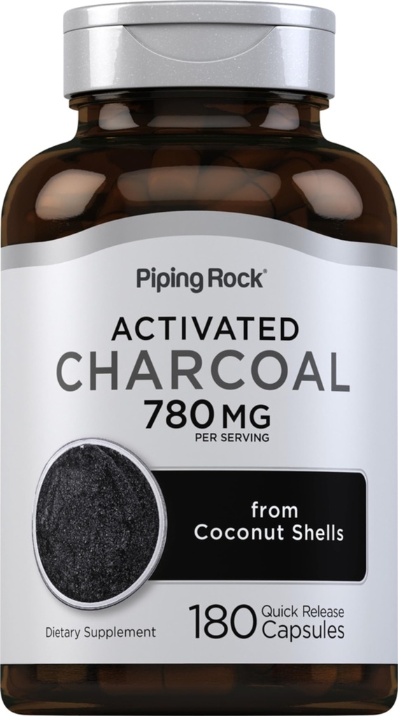 Piping Rock aktiverade kolpiller | 780 mg | 180 kapslar | från Coconut Shells | Non-GMO, Gluten Free Supplement