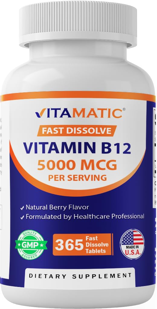 Vitamatic Vitamin B12 5000 mcg - 365 Fast Dissolve Tablets Berry Flavor - Stöder Energiproduktion & Nervous System Health - Non-GMO, Gluten-Free