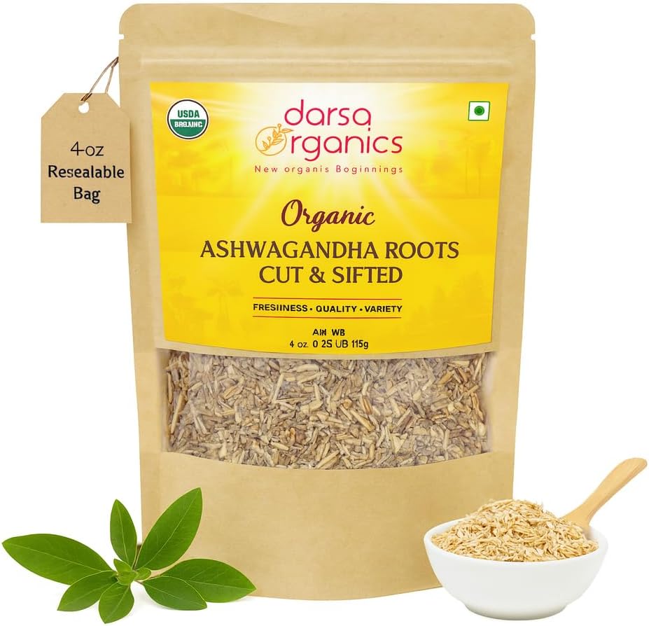 Ashwagandha Root Cut & Sifted 4 oz - USDA Organic Certified Wienia Somnifera tukee terveellistä stressiä lievittävää, energiaa ja unta, hyvää teelle ja smoothielle, ei-muuntogeeniselle organismille, vegaanille, Kosherille