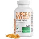 Bronson Super B100 -vitamiinikompleksin kestävä vapautuminen sisältää kaikki B-vitamiinit (B1, B2, B3, B6, B9 - Foolihappo, B12), 120 tablettia