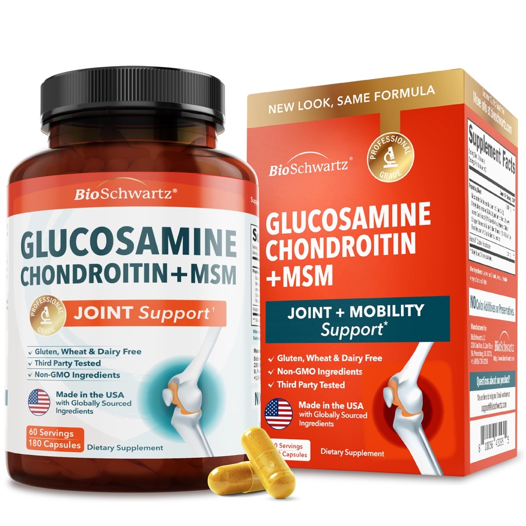 Glukosamiini Chondroitin MSM Joint Support Supplement - Collagen Peptides, Turmeeric and Inkivääri, Hyaluronic Acid, Glukosamiini Chondroitin Sulfaatti Joint Comfort - Gluteeniton, ei GMO, 180 kapselia