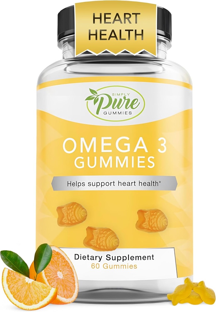 Rena av naturen Omega 3 Gummies för vuxna och barn, Omega 3 fettsyra tillskott med Omega 3 6 9 för cirkulatoriskt stöd, ingen fiskolja Orange smak Omega Gummies, 60 dagar leverans (60 greve)
