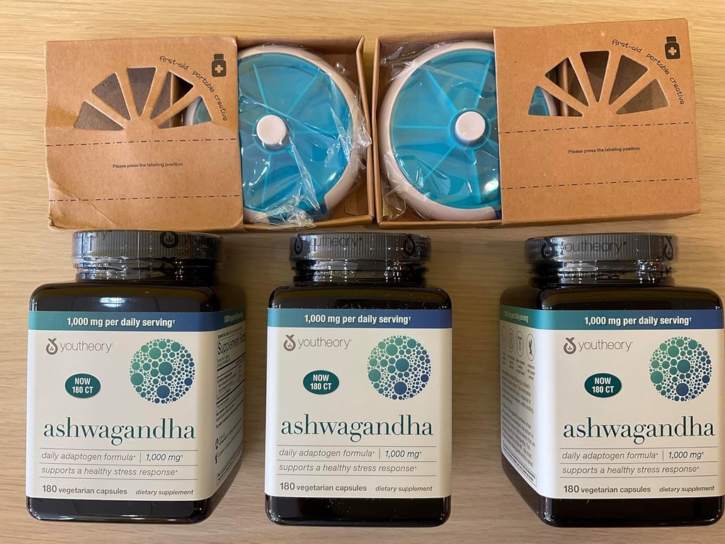 Youtheory Ashwagandha 1000mg KSM-66 - auttaa tukemaan terveen stressin vaste,180 kapselia (paketti 3) ja 2 pilleriä Organizer