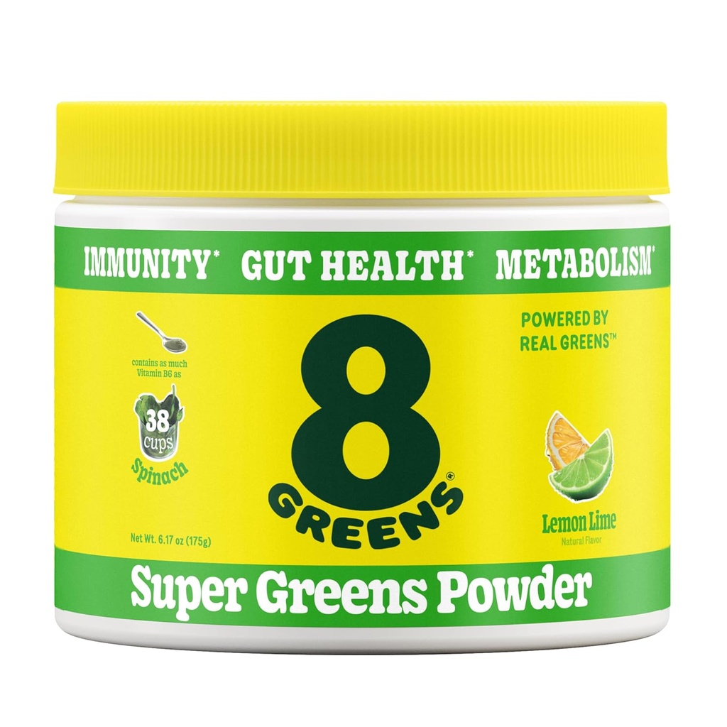 8Greens Super Greens Powder | Prebiotic & Probiotic Blend Superfoods for Gut Health, Metabolism, Debloating, med Fiber, Digestive Enzymes, Organic: Spirulina, Chlorella, Lemon Lime, 25 portioner
