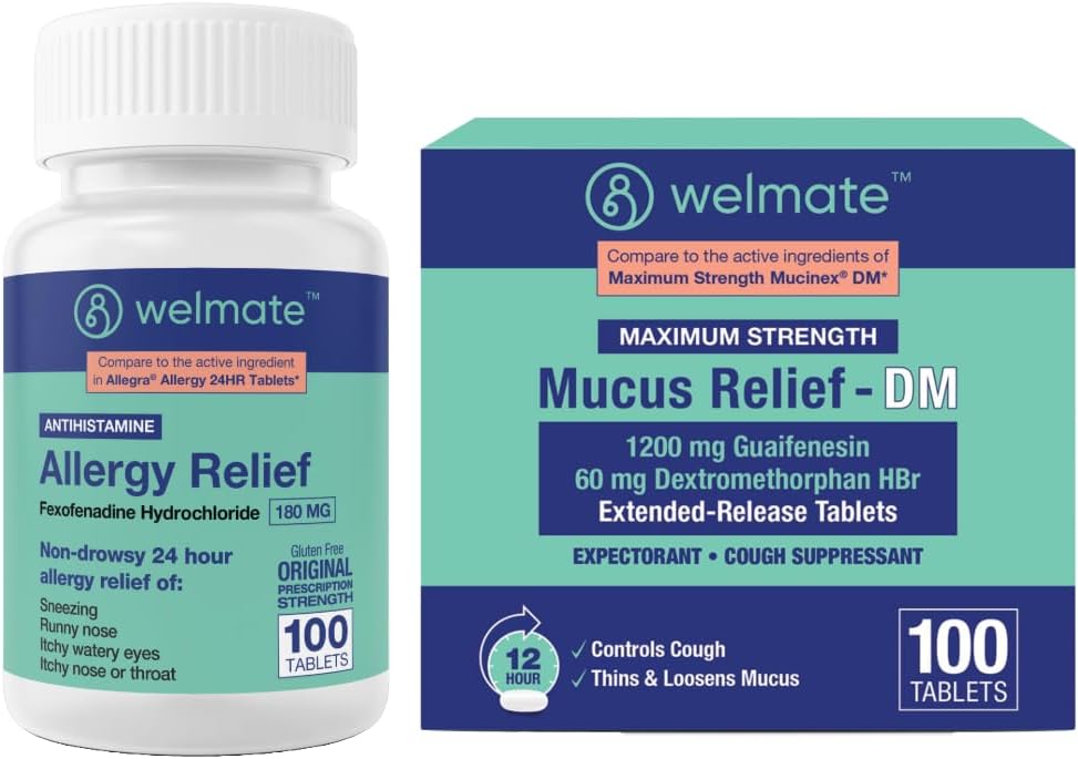 WELMATE Complete Allergy & Congestion Relief Bundle: Fexofenadiini HCl 180 mg non- Drowsy Antihistamiini (100 Ct) + lima Relief DM 1200 mg Guaifenesin & 60 mg DXM (100 Ct)